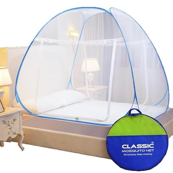 Classic Mosquito Net for Double Bed | King Size Foldable Machardani | Polyester 30GSM Strong Net | PVC Coated Corrosion Resistant Steel Wire - Blue - Image 3
